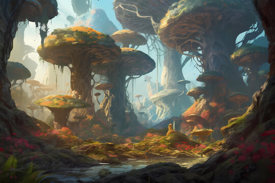 landscape of an alien forest with bright colors. digital art illustration. generative AI.