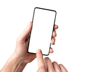 Mobile phone mockup, finger touching, tapping on smartphone screen mock-up frame in men hand...