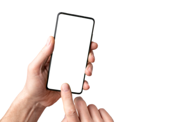 Mobile phone mockup, finger touching, tapping on smartphone screen mock-up frame in men hand isolated on white background