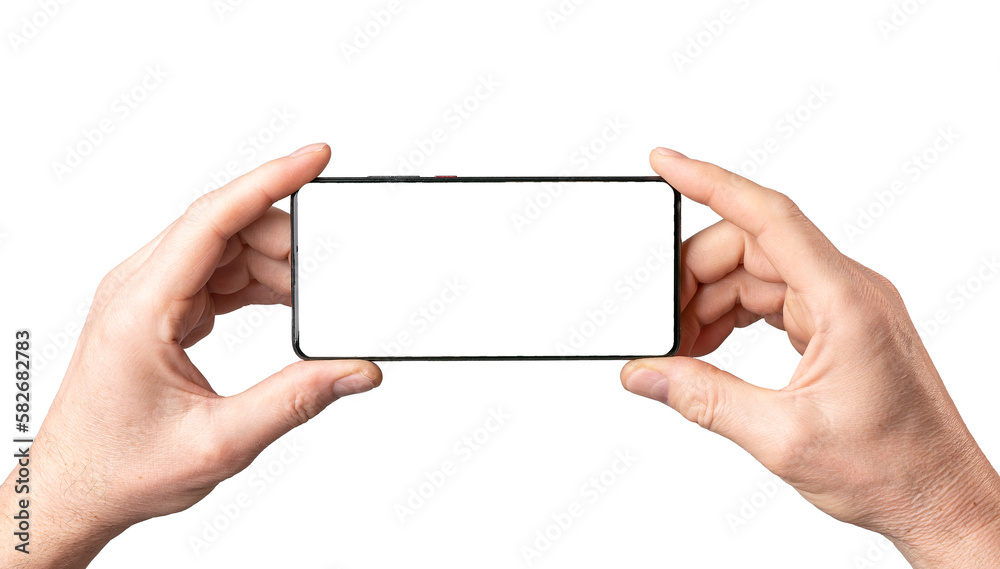 Poster hands holding smartphone mock-up, horizontal smart phone screen mockup frame isolated on white