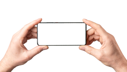 Hands holding smartphone mock-up, horizontal smart phone screen mockup frame isolated on white