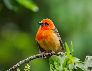 Red Fody bird from Mauritius perching in natural environment 