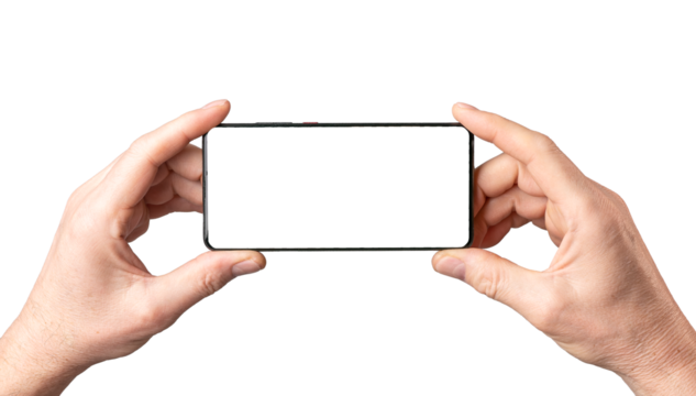 Hands holding smartphone mock-up, horizontal smart phone screen mockup frame isolated on white