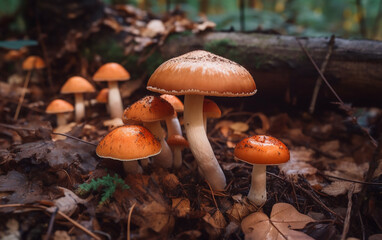 Detailed image of tall, slim mushrooms with orange caps, growing among forest floor debris with a fallen log nearby.