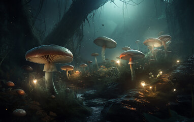 Fototapeta na wymiar Mushrooms in a fantasy forest, magical. Generative AI