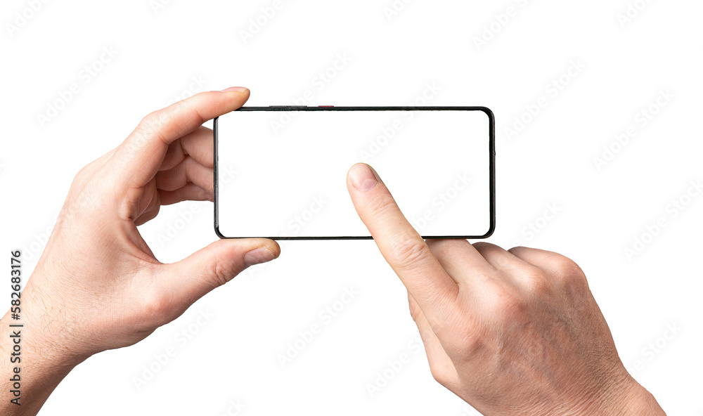 Poster mobile phone mockup, hands holding smartphone, pointing with finger, clicking play on empty cellphon