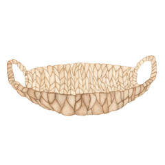 Obraz premium Watercolor illustration of a wicker basket, side view, for flowers, eggs, fruits, vegetables, nuts. isolate on a white background.