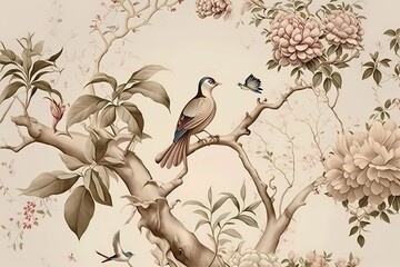 Beautiful pattern of tree with flowers and birds in chinese style. Beige, pastel colors. High quality illustration