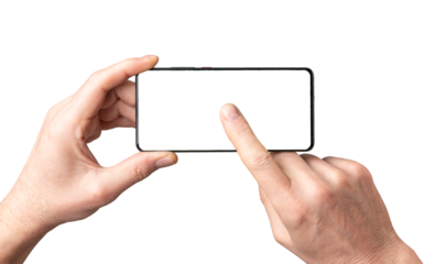 Mobile phone mockup, Hands holding smartphone, pointing with finger, clicking play on empty cellphone screen mock-up frame isolated on white background