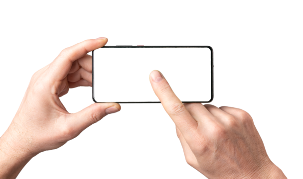 Mobile phone mockup, Hands holding smartphone, pointing with finger, clicking play on empty cellphone screen mock-up frame isolated on white background