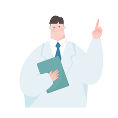 Vector illustration of a man in lab coat. He has a binder.