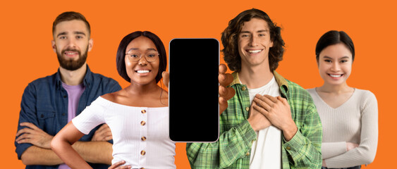 Glad different people show phone with empty screen make gratitude gesture, enjoy app and communication