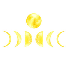 Watercolor illustration with phases of the moon, yellow moon and stars. Isolate on a white background.
