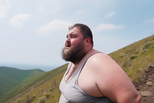 An obese man with a beard and a backpack climbs the mountains. Healthy lifestyle concept and motivation for physical activity. Generative ai