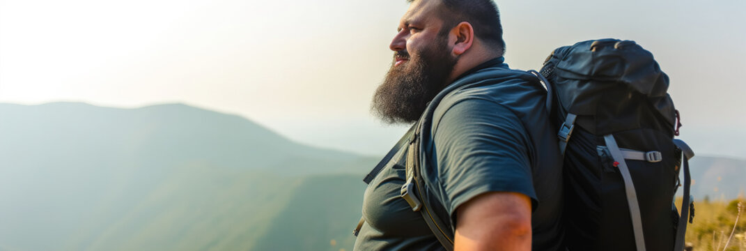 An obese man with a beard and a backpack climbs the mountains. Healthy lifestyle concept and motivation for physical activity. Banner. Generative ai