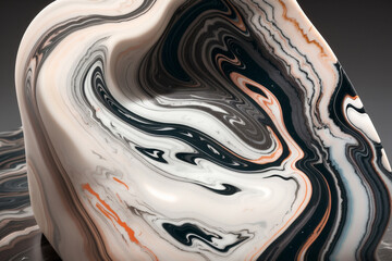 Abstract 3D Sculpture with Black Orange White Waves, Paint Mixing Object Background, Hard Marble Surface, AI