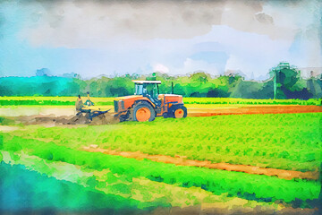 Fototapeta premium farming tractor spaying a field, watercolor oil painting effect. Generative Ai