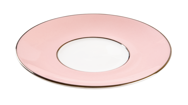Empty pink saucer cutout. Beautiful porcelain dessert plate with a pastel pink border isolated on a white background. Empty porcelain tableware for food design. Crockery concept.