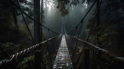 Fototapeta premium pont suspendu dans une forêt, légère brume, franchissement de ravin - generative ai