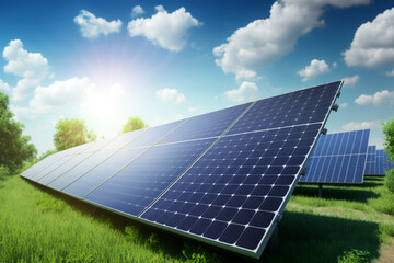 Placas solares paneles solares recibiendo luz del sol. Energ&iacute;a renovable solar fotovoltaica. Nueva instalaci&oacute;n de paneles solares en el campo.