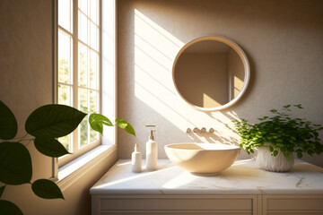 Cuarto de baño elegante minimalista con plantas decorativas y encimera de mármol, aseo moderno de lujo. Generative ai.