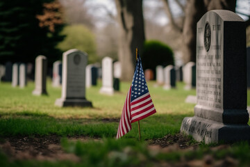 American flag next to the grave in the cemetery. Generative AI