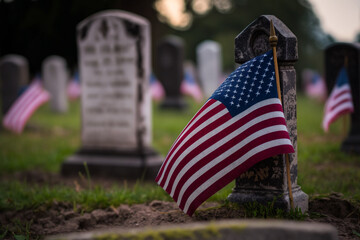 American flag next to the grave in the cemetery. Generative AI