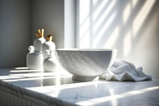 Cuarto de ba&ntilde;o elegante minimalista con plantas decorativas y encimera de m&aacute;rmol, aseo moderno de lujo. Generative ai.