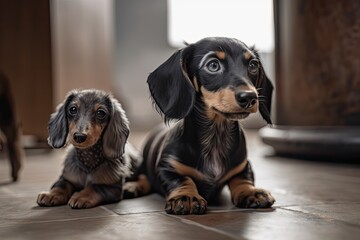 At home, a baby kitten sits on the floor with a dachshund puppy, looking away. Generative AI