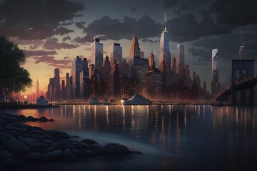 A view of the new york city skyline just after the sun has set