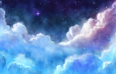 Fototapeta na wymiar Blue Shining starry sky Universe with Fluffy clouds Watercolor style background generative Ai