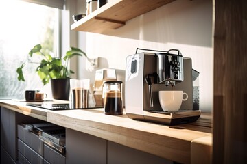 The first coffee of the day at a beautiful modern kitchen with a beautiful light house. Concept: The calm of a coffee at home with the coffee machine. Generative ai