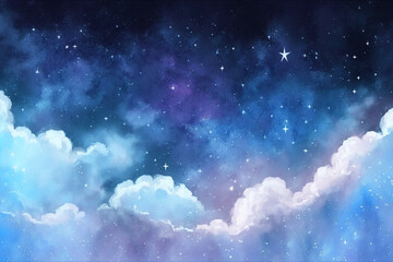 Naklejka na ściany i meble Blue Shining starry sky Universe with Fluffy clouds Watercolor style background generative Ai