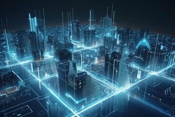 Interconnected futuristic city via wireless illustration in blue neon tones. Concept: Everything is connected with the internet of things. Generative ai