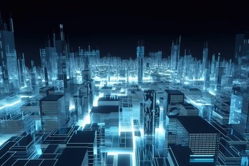 Interconnected futuristic city via wireless illustration in blue neon tones. Concept: Everything is connected with the internet of things. Generative ai