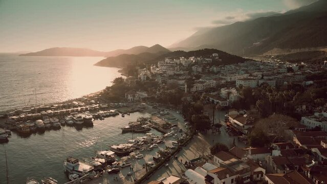 Aerial sunset shot of the town of Kas on the Mediterranean coast of Turkey