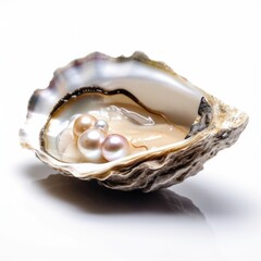 Macro closeup of isolated oyster shell with imperfect pearl inside, white background, fleshy meat inside, detailed oval shaped mollusk - generative ai