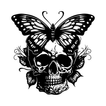 Beautiful and captivating Hand drawn line art illustration of a skull head and butterfly, evoking a sense of transformation and beauty in the face of darkness