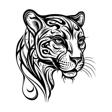 panther head in tribal tattoo style, depicted in black and white line art Hand drawn illustration