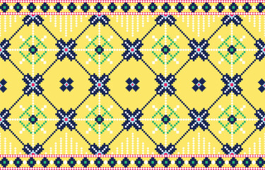 Simple Blue embroidery . geometric ethnic seamless pattern on yellow background native style abstract vector illustation.Design for clothing,carpet,fabric,tile.