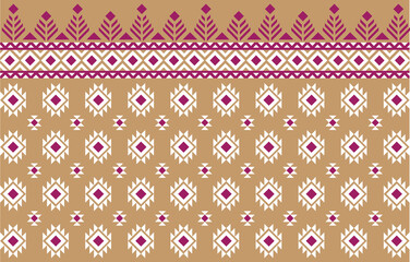 Simple pink embroidery . geometric ethnic seamless pattern on brown background native style abstract vector illustation.Design for clothing,carpet,fabric,tile.