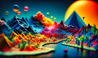 A surreal and colorful landscape that merges reality with fantasy, featuring intricate geometric shapes and vivid hues