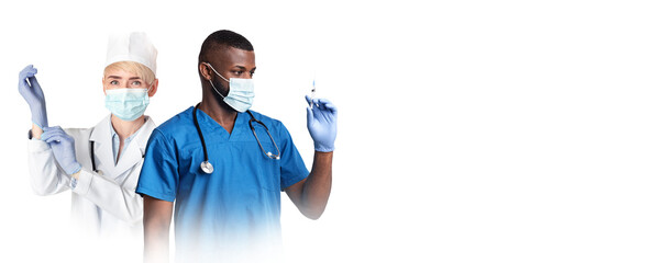 Immunization Concept. Multiethnic Medical Workers In Medical Masks Holding Syringe For Vaccination