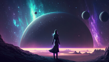 Fototapeta na wymiar an epic scifi wallpaper illustration of a lonely woman standing in front of the galaxy, generative ai technolgy