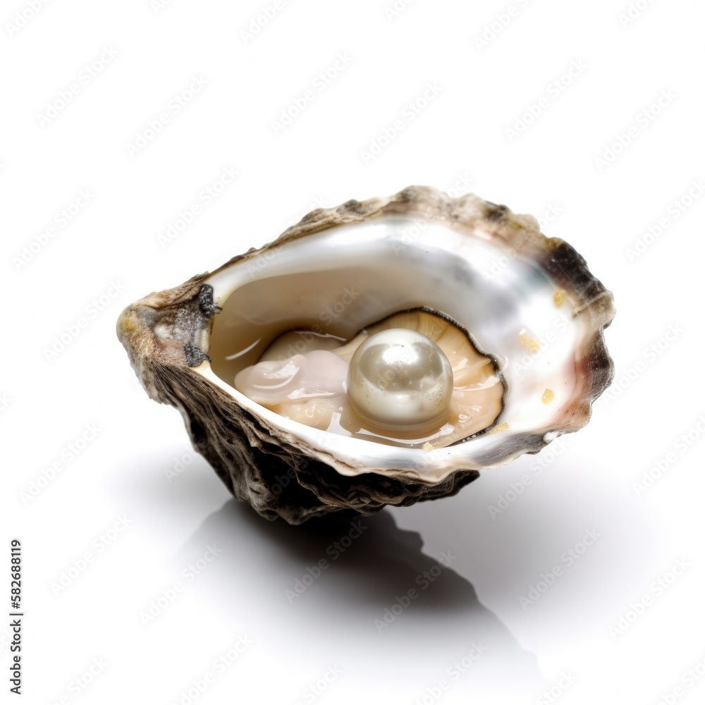 Canvas Prints Macro closeup of isolated oyster shell with imperfect pearl inside, white background, fleshy meat inside, detailed oval shaped mollusk - generative ai