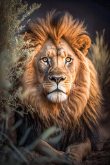 Fototapeta premium Magnificent lion in wilderness. Created with Generative AI technology.
