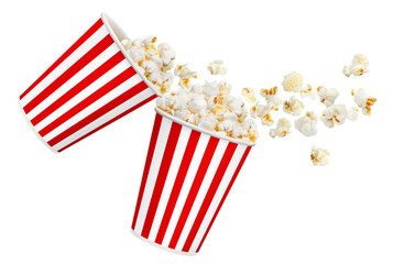 Delicious popcorn flying out of red striped carton cups, cut out - obrazy, fototapety, plakaty