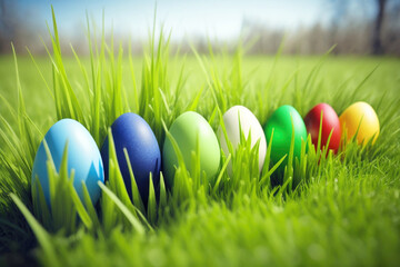 Easter eggs on green grass in sunlight, Generative AI 