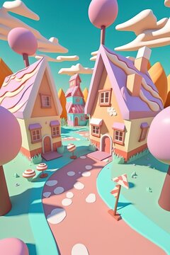 cartoon illustration, in a whimsical candy-colored town, ai generative. © Jorge Ferreiro