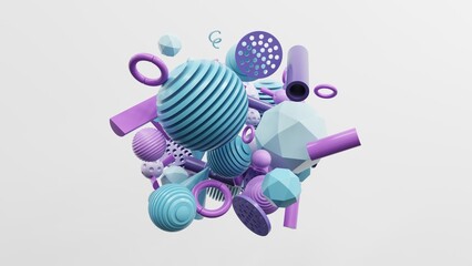 Abstract geometric shapes in different colors - 3d render. Set, composition in bright and pastel colors from objects, figures, primitives. Minimal banner, background for presentation and advertising. 